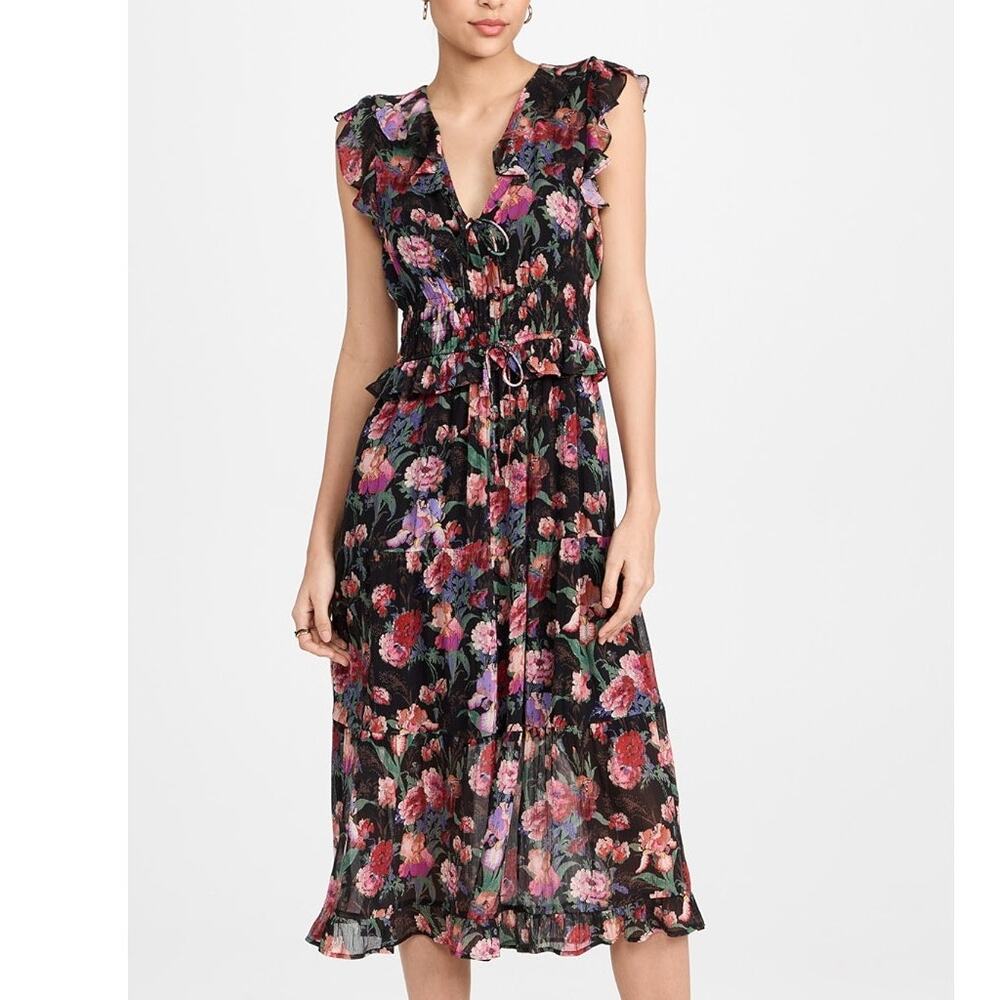 PAIGE NWOT Paradise Floral Silk Chiffon Flutter Sleeve Smocked Tiered Midi Dress